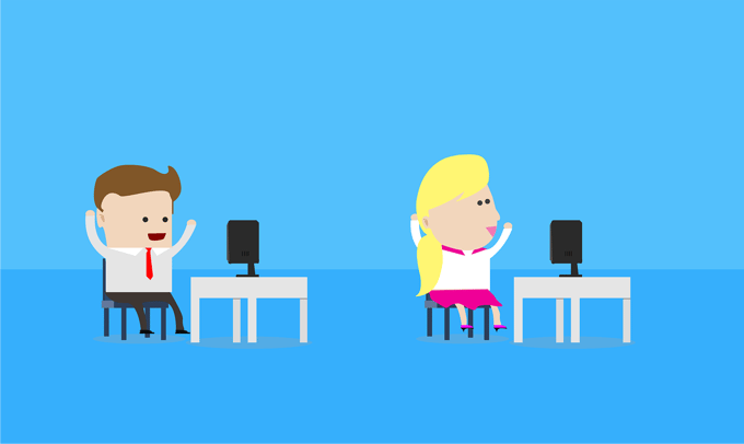 two animated people sitting on chairs and looking on their screens
